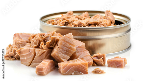 Collage with pieces of canned tuna on white background