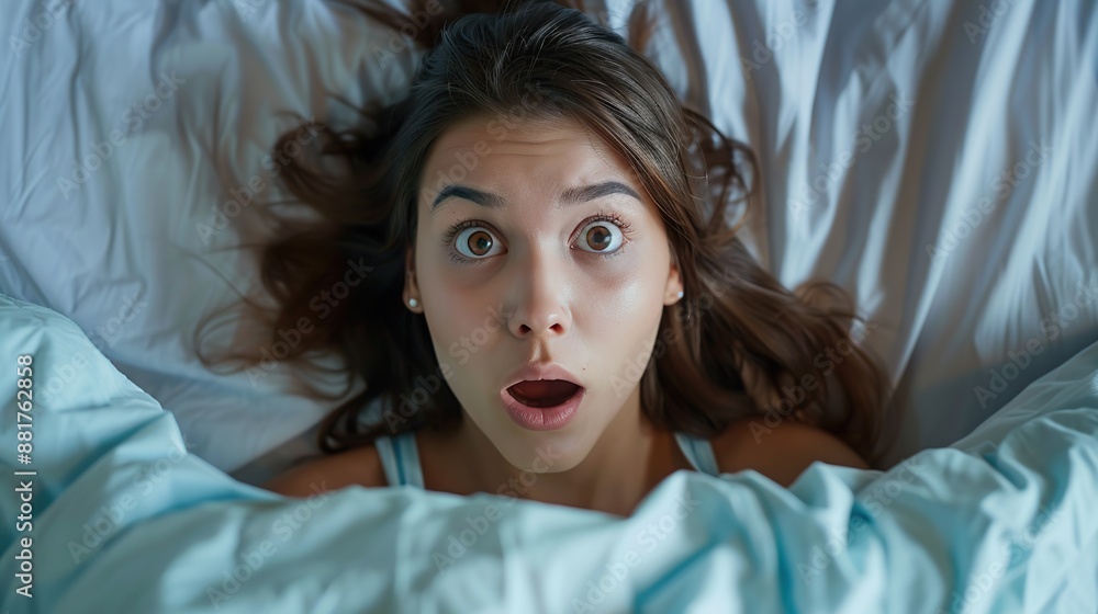 Beautiful young woman lying on the bed with a shocked expression because she woke up too late Beautiful young woman lying on the bed with a shocked expression because she woke up too late
