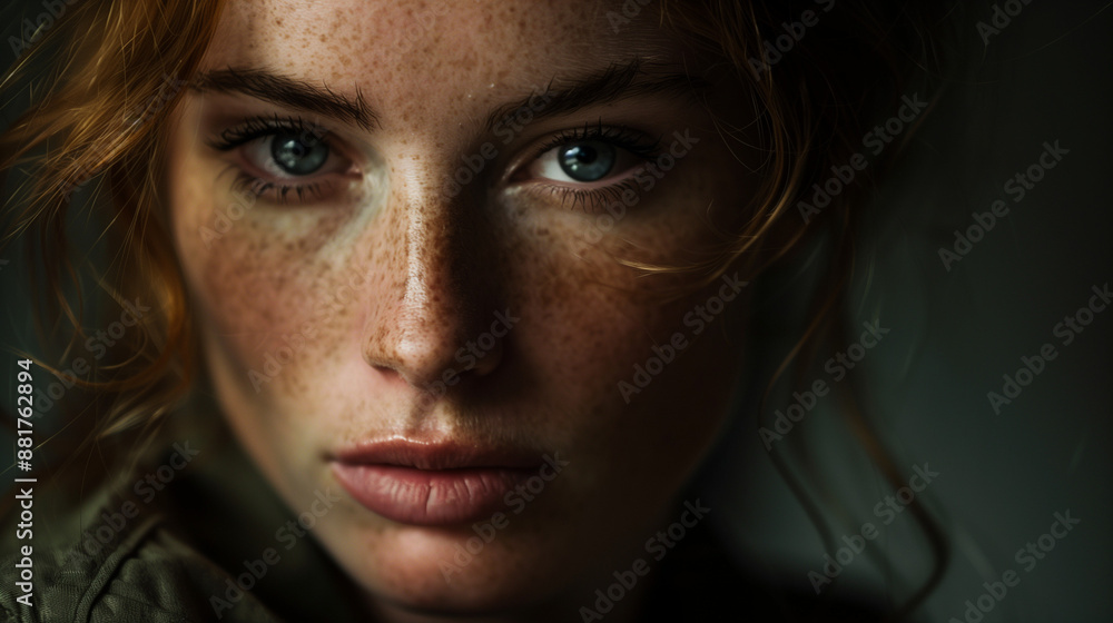 Red-haired woman with intense gaze in a dark, moody setting. Red-haired woman with intense gaze in a dark, moody setting.