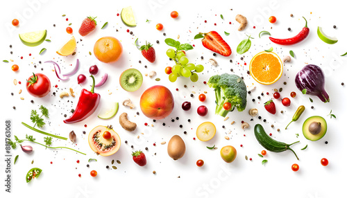 Different fresh fruits and vegetables in air on white background