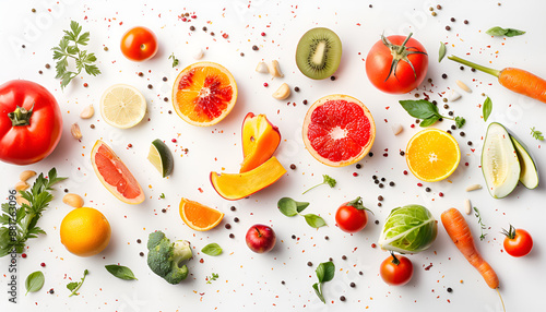 Different fresh fruits and vegetables in air on white background