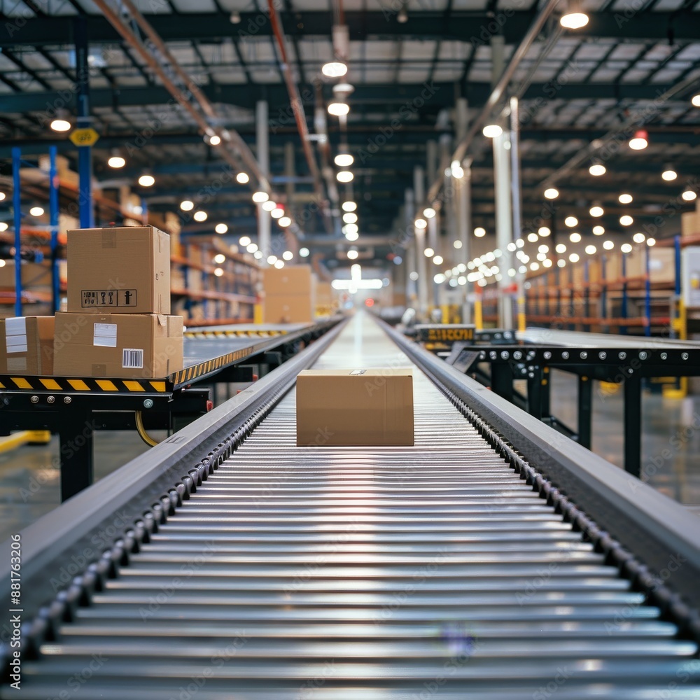 Cardboard Box Moving Along Conveyor Belt In Warehouse Cardboard Box Moving Along Conveyor Belt In Warehouse