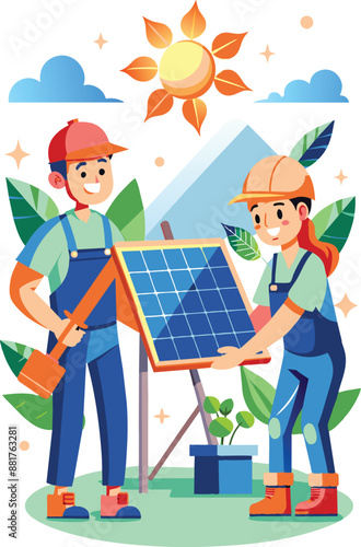  Engineers installing solar panel, flat illustration, vector illustration.