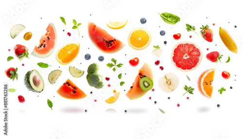 Wallpaper Mural Different fresh fruits and vegetables in air on white background Torontodigital.ca