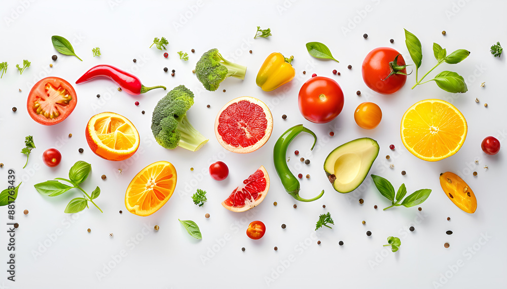 Different fresh fruits and vegetables in air on white background Different fresh fruits and vegetables in air on white background