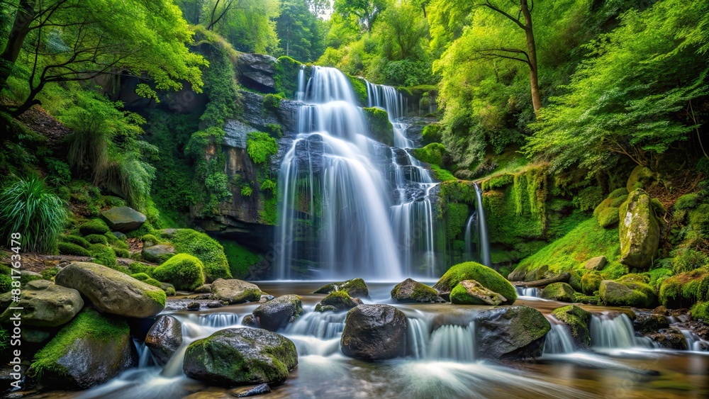 Waterfall cascading down rocks in lush forest setting, waterfall, forest, nature, scenic, landscape, trees Waterfall cascading down rocks in lush forest setting, waterfall, forest, nature, scenic, landscape, trees