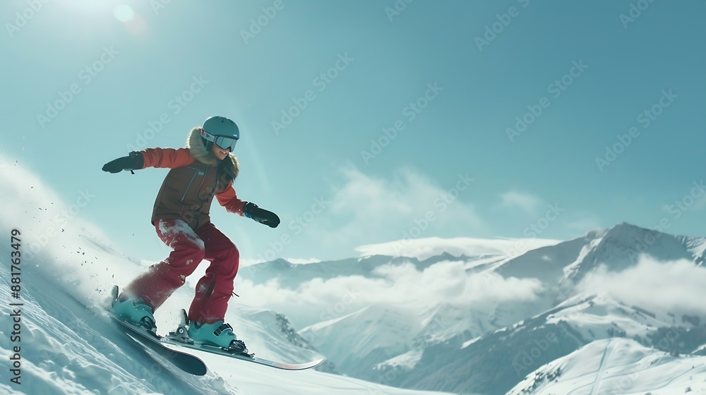 Young girl in sportswear sliding on snowboard over snowy mountains background Winter activity Concept of winter sport action motion hobby leisure time Banner Copy space for ad : Generative AI Young girl in sportswear sliding on snowboard over snowy mountains background Winter activity Concept of winter sport action motion hobby leisure time Banner Copy space for ad : Generative AI