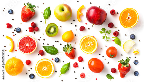 Different fresh fruits and vegetables in air on white background