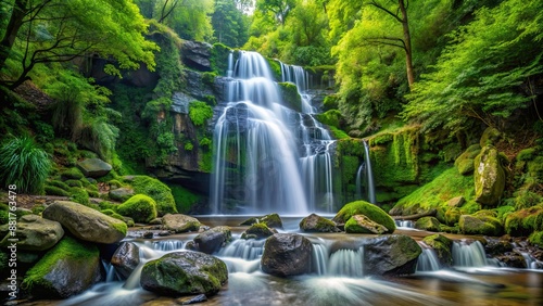 Waterfall cascading down rocks in lush forest setting, waterfall, forest, nature, scenic, landscape, trees