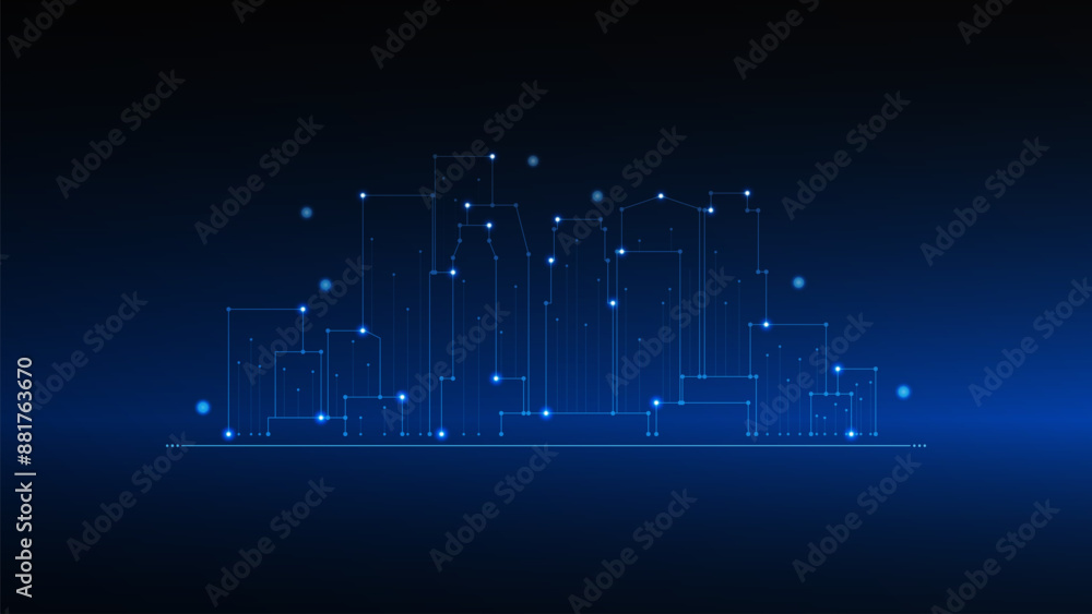 Fototapeta premium cityscape technology background concept. city space bright glowing neon, data blue line circle lights, technology Abstract, vector. city for tech, web banner, web site, communication, transformation.