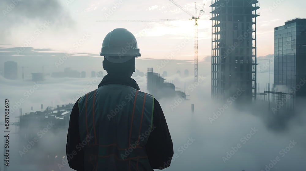 Construction engineer wearing a helmet is looking at the construction process of a skyscraper Construction engineer wearing a helmet is looking at the construction process of a skyscraper