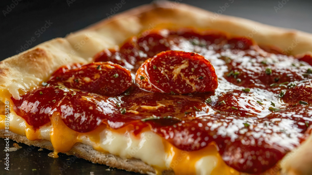 A slice of pepperoni pizza with melted cheese dripping, showcasing deliciousness A slice of pepperoni pizza with melted cheese dripping, showcasing deliciousness