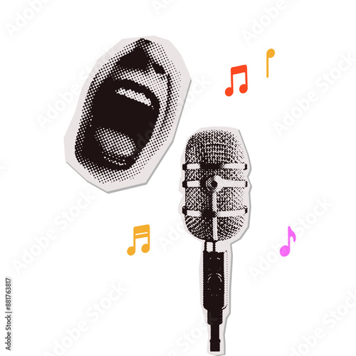 Retro music collage with simple composition of stage microphone and yelling lips in halftone. Vector torn out paper stickers.