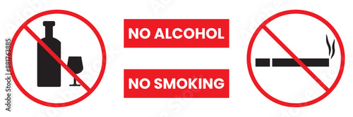 no alcohol no smoking icon set. Prohibited icons of drink alcohol. No alcohol sign. do not smoke sign