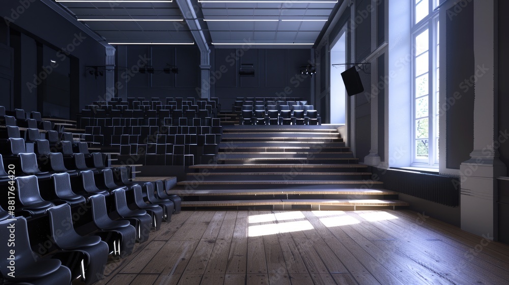 Obraz premium A lecture hall with rows of seats facing a podium, showcasing a traditional setting for large-scale lectures and presentations.