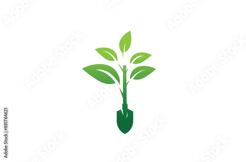 Planting tree leaves with shovel spade vector icon 