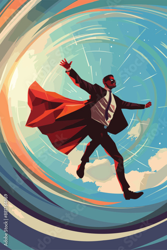 Determined businessman superhero flying through obstacle to reach target, overcoming challenges