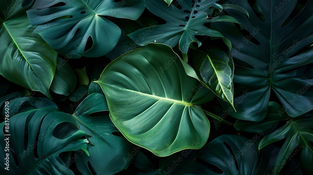 Fototapeta premium Large green leaves background Natural leaves close up dark green tropical forest Fresh deep foliage texture Nature concept earth : Generative AI