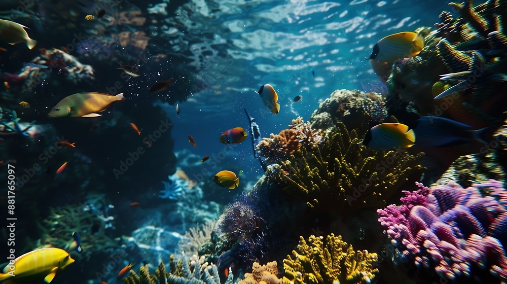 Fototapeta premium Underwater Diving Tropical Scene With Sea Life In The Reef : Generative AI