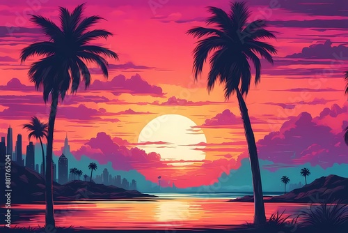 palm trees on the beach sunset rays awesome retro 80s sci fi style. Summer time. Retro wave futuristic sun. Design for advertising brochure, banner, poster, travel agency