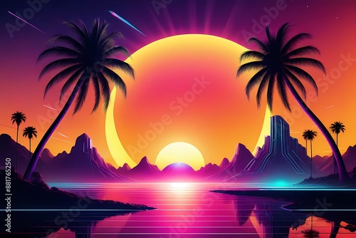 palm trees on sunset rays beach 80s retro sci-fi style