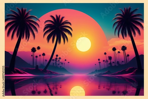 sunset on the beach, palm trees on sunset rays beach 80s retro sci-fi style