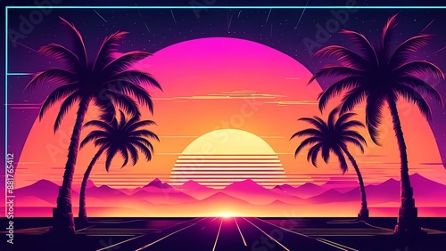 Summer time. Retro wave futuristic sun. Design for advertising brochure, banner, poster, travel agency