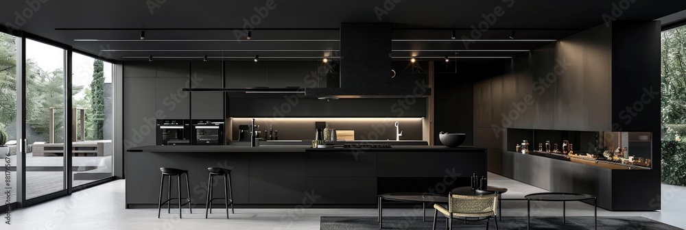 Black Kitchen Design: Modern Interior with Matte Black Kitchen Island in Open Plan Living Space Black Kitchen Design: Modern Interior with Matte Black Kitchen Island in Open Plan Living Space