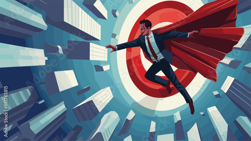 Determined businessman superhero flying through obstacle to reach target, overcoming challenges