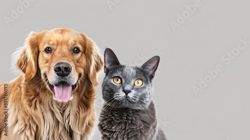 Happy panting Golden retriever dog and blue Maine Coon cat looking at camera Isolated on grey : Generative AI