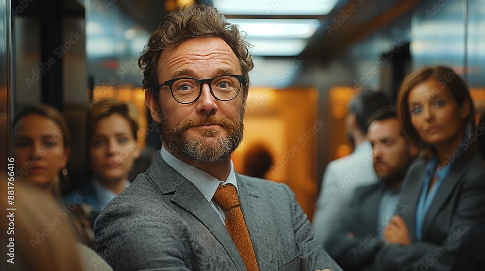 Elevator Silence: In an office elevator, an employee laughs at their own joke, breaking the silence, while the other people stare straight ahead or look uncomfortable Elevator Silence: In an office elevator, an employee laughs at their own joke, breaking the silence, while the other people stare straight ahead or look uncomfortable