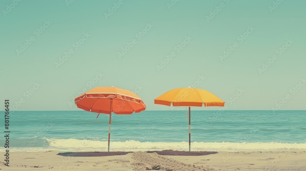 Retro umbrellas at the beach captured in a still life shot Retro umbrellas at the beach captured in a still life shot