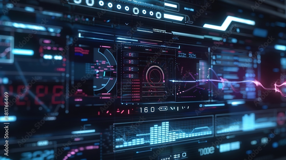 Digital interface with various graphs and data visualizations Background shows binary code and abstract patterns indicating hightech environment : Generative AI Digital interface with various graphs and data visualizations Background shows binary code and abstract patterns indicating hightech environment : Generative AI