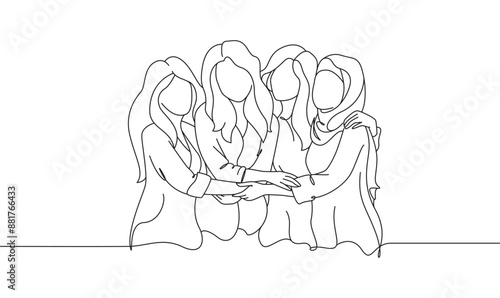 Young and cheerful people hafing fun together. Positive circle of friends. Simple line art style vector illustration
