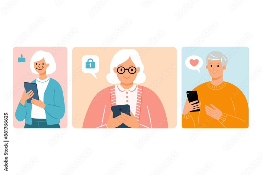 Seniors Using Smartphones with Social Media Icons