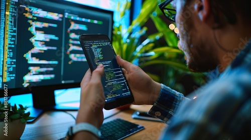 Obraz w ramie Digital software development 40 technology Data transfer Big data Internet of Things IoT concept Man programmer software engineer using mobile smartphone with computer code : Generative AI