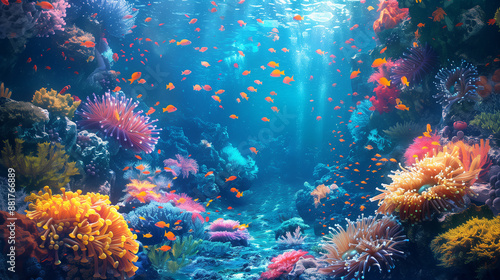 Beautiful and colorful tropical fish with coral reef in the deep sea underwater background
