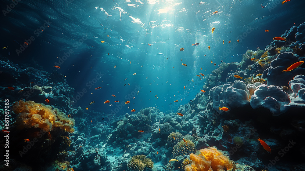 Fototapeta premium Beautiful and colorful tropical fish with coral reef in the deep sea underwater background