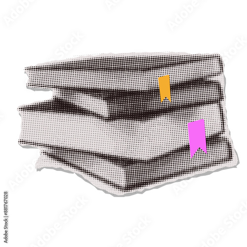 Trendy vintage halftone collage paper sticker with books stack. Education, wisdom and study metaphor. Knowledge concept. Intellectual development. Smart thinking. Vector realistic illustration.