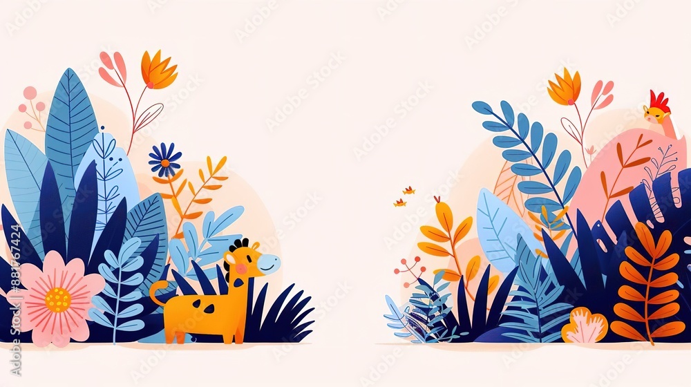 Cute giraffe and chicken in a jungle with colorful flowers and leaves. Cute giraffe and chicken in a jungle with colorful flowers and leaves.