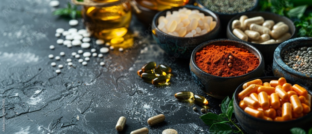 Dietary supplements for health and beauty, in pill and powder forms, vitamins, collagen, biotin
Dietary supplements for health and beauty, in pill and powder forms, vitamins, collagen, biotin