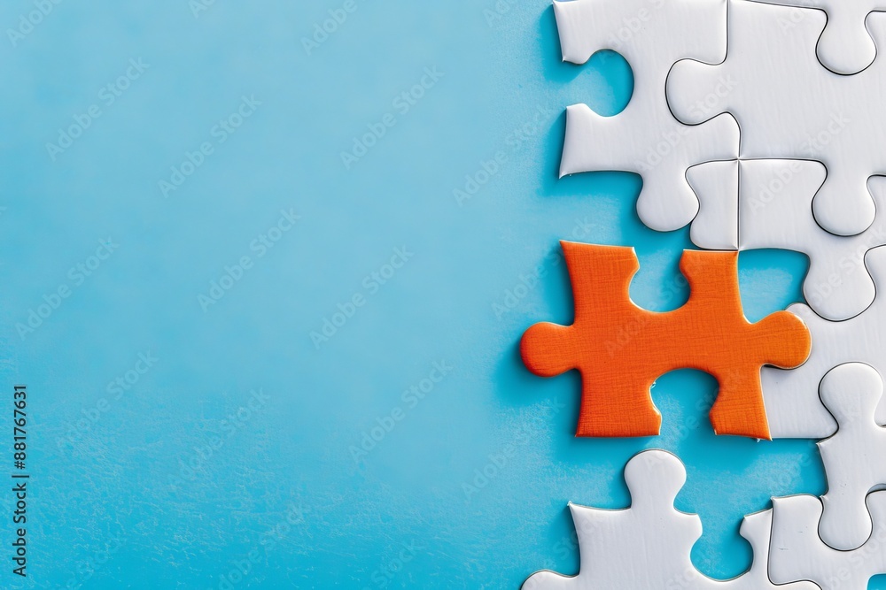 Fototapeta premium Jigsaw puzzle with an orange piece on a solid background, symbolizing successful job candidate the confidence. Standing out from the crowd. Copy space for text