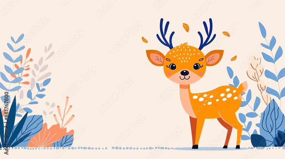 Cute cartoon deer with floral decorations on a beige background. Cute cartoon deer with floral decorations on a beige background.