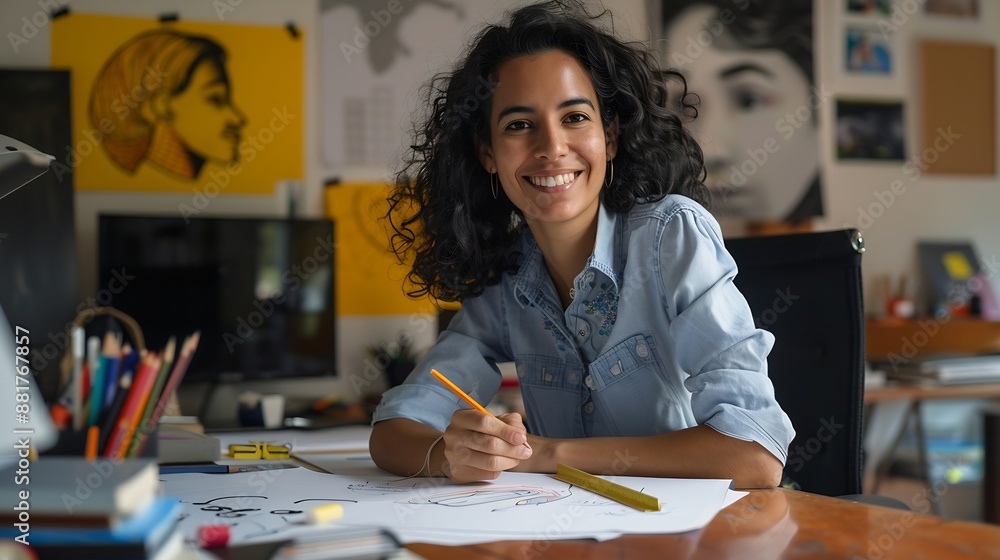 Smile business woman and portrait of graphic designer drawing on paper at desk with ruler for project in startup office Happy person face and creative photographer at table with pencil : Generative AI Smile business woman and portrait of graphic designer drawing on paper at desk with ruler for project in startup office Happy person face and creative photographer at table with pencil : Generative AI