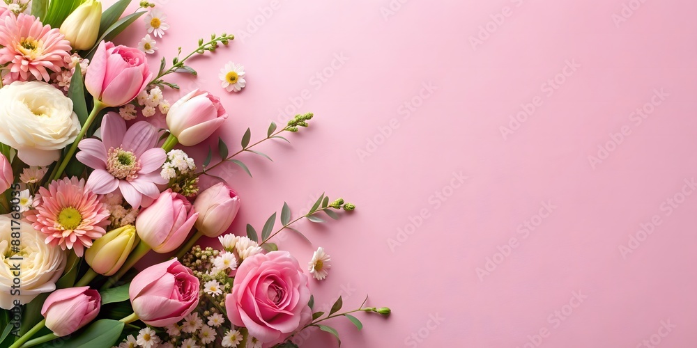 Fototapeta premium flowers on light pink background top view in flat lay style