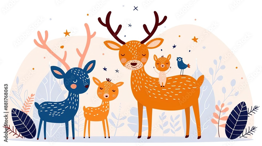 Cute deer family illustration with a bird on the mom's back. Cute deer family illustration with a bird on the mom's back.