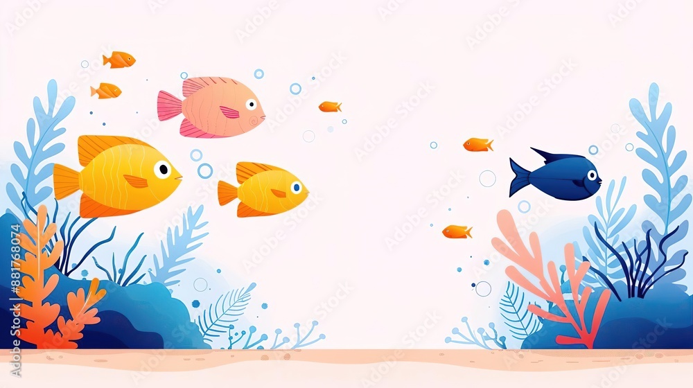 Fototapeta premium Cute cartoon fish swimming in the ocean with coral reefs and seaweed.