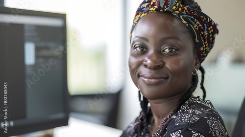 Business portrait and black woman with computer screen in office happy smile and confident Face creative and African female graphic designer online for planning homepage and idea inspi : Generative AI photo