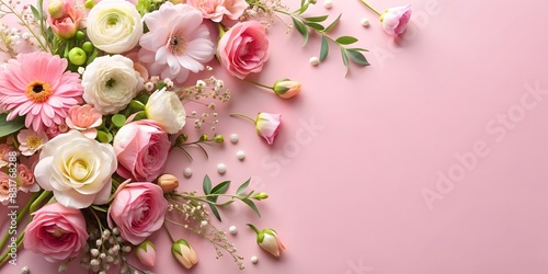 flowers on light pink background top view in flat lay style