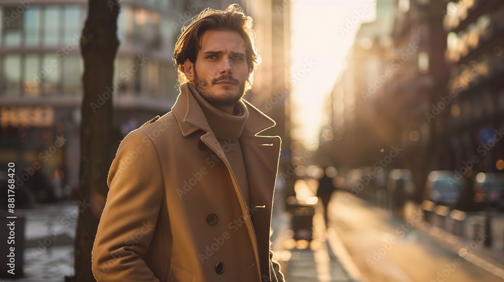 Fototapeta premium Stylish man posing in urban setting with buildings and golden sunlight in the background